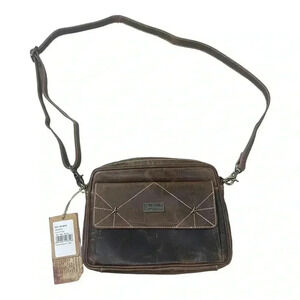 Sixtease Brown Leather Canvas Small Crossbody Shoulder Bag Purse Upcycled